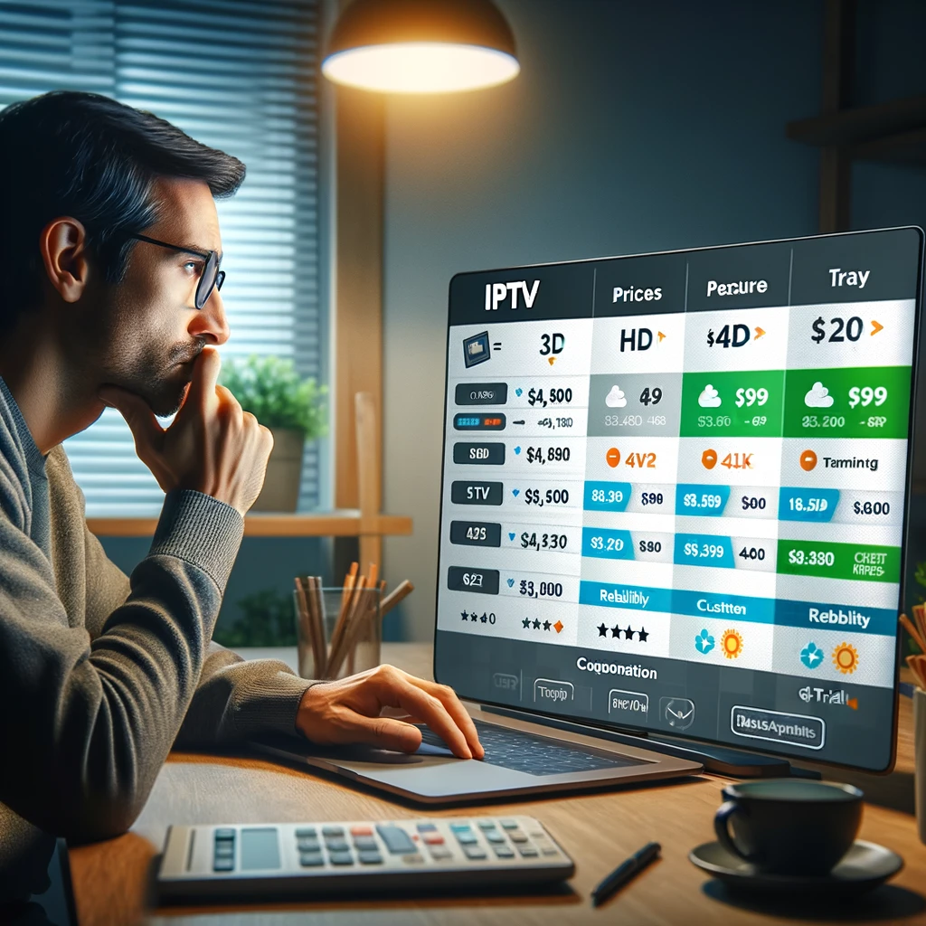 هنا صورة توضح شخصًا يقارن بين خيارات اشتراك IPTV المختلفة على جهاز كمبيوتر محمول: